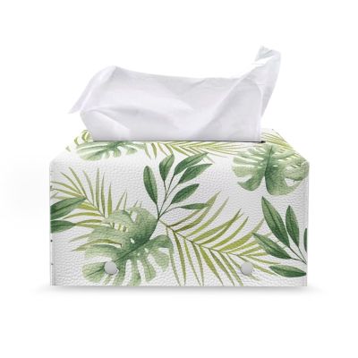 Tutolipy Rectangular Tissue Box Cover, Leather Tissue Cuboid Box Holder Facial Paper Case Modern Home Decoration for Bathroom, Car, Nightstand, Office Desk (Tropical Leaves, 9.69" x 5.1" x 5.2")