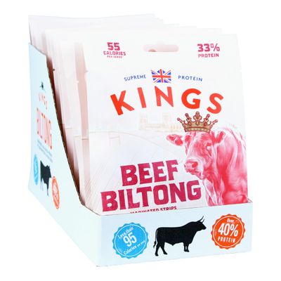 Kings - Beef Biltong - Rib Eye Flavour - High Protein Snacks, Marinated and Cooked Meat - Bulk Box of 12 x 25 g Packs