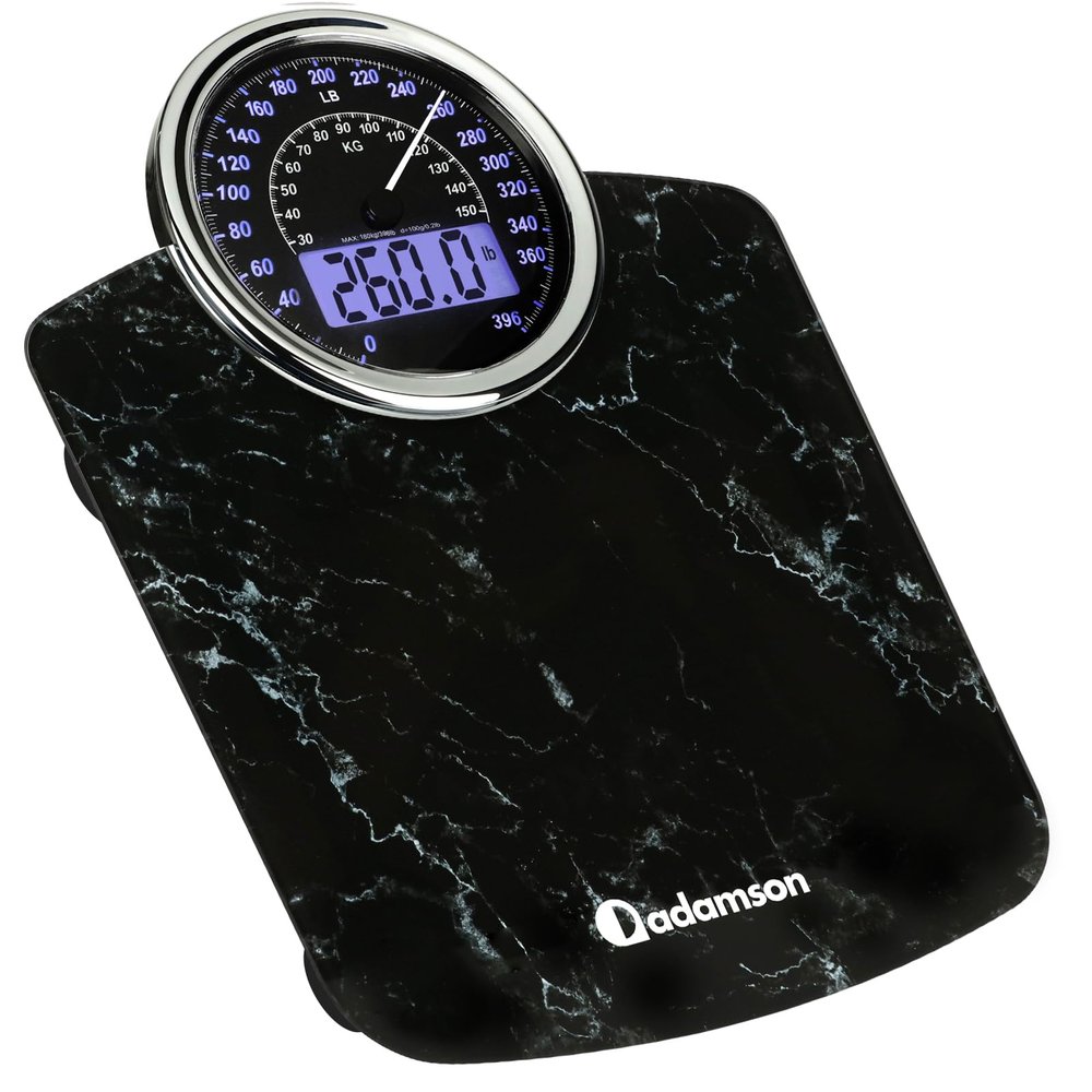 Adamson Hybrid 2-in-1 Analog & Digital Weighing Scale for Body Weight up to 400lbs + Thick Tempered Glass + Extra Large Display + Easy to Read Digital Bathroom Scale + New Version - Marble Black