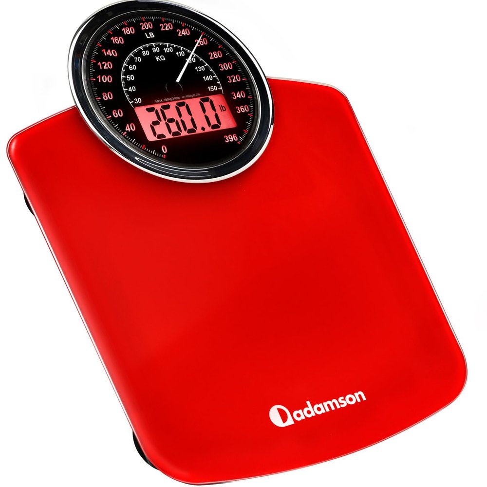 Adamson Hybrid 2-in-1 Analog & Digital Weighing Scale for Body Weight up to 400lbs - Thick Tempered Glass - Extra Large Display - Easy to Read Digital Bathroom Scale - New Version - Red