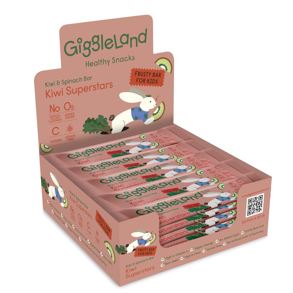 Giggleland - Lunch Box Snacks Multipack Fruity Bar - KIWI-SPINACH Fruity Bar 30 x 20 g, Healthy Snacks for Kids, Fruit Bars, Fruit Leather, Dried Fruit, Gelatine Free Fruit Jelly