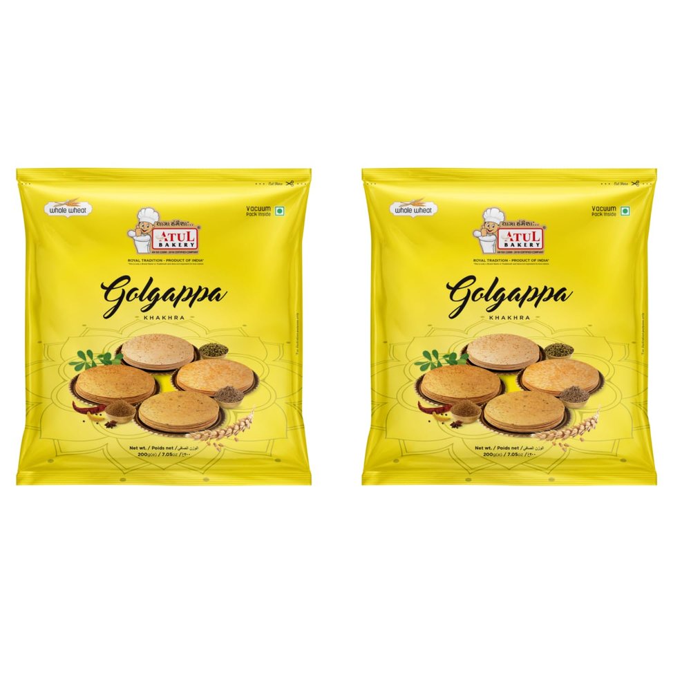 Atul Bakery Khakhra Various Flavours (200 Gram) - Crispy Delicious Bite - Traditional Gujarati Khakhra - Enjoy At Tea Time - Easy to Carry Anywhere (Pack of 2, Khakhra Golgappa)