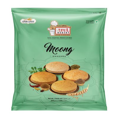 FreshCart Basics Atul Bakery Khakhra Various Flavours (200 Gram) - Crispy Delicious Bite - Traditional Gujarati Khakhra - Enjoy At Tea Time - Easy to Carry Anywhere (Pack of 1, Khakhra Moong)