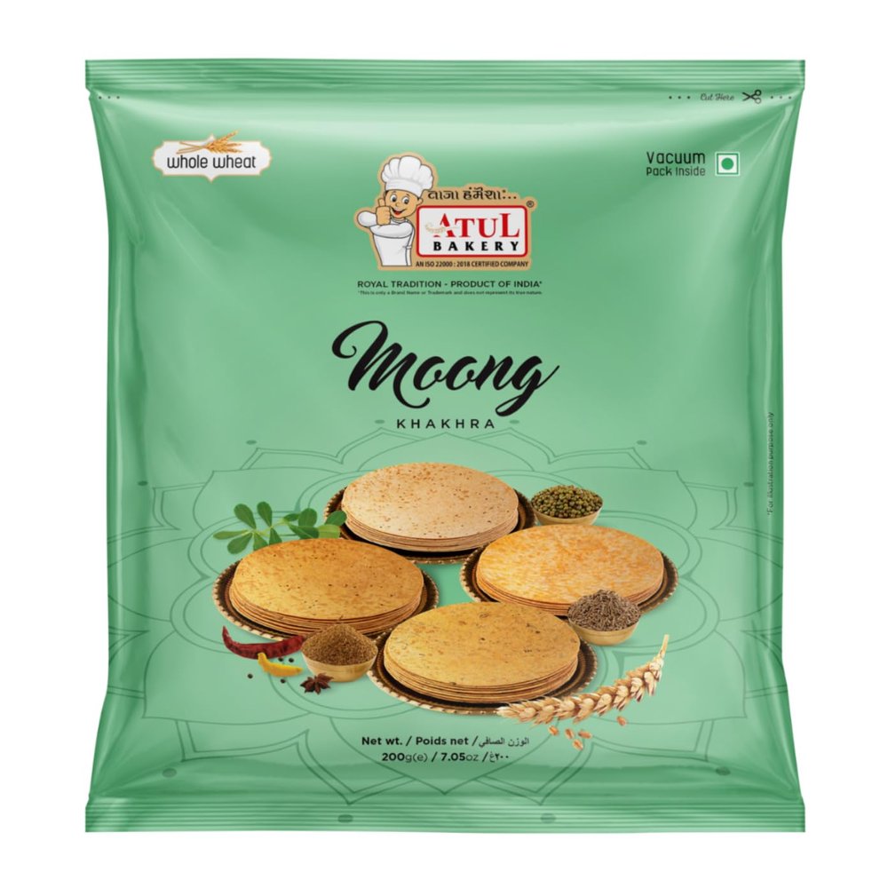FreshCart Basics Atul Bakery Khakhra Various Flavours (200 Gram) - Crispy Delicious Bite - Traditional Gujarati Khakhra - Enjoy At Tea Time - Easy to Carry Anywhere (Pack of 1, Khakhra Moong)