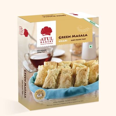 FreshCart Basics Atul Bakery Khari (200 Gram) - Puff Pastry, Namkeen Snacks, Family Pack, Cookies - Crunchy Tea Time Snack Biscuits (Pack of 1, Khari Green Masala)