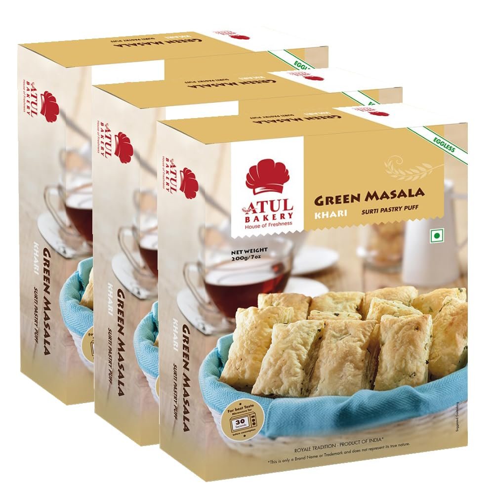 Atul Bakery Khari (200 Gram) - Puffs Pastry, Namkeen Snacks, Family Pack, Crispy Flaky Biscuits - Indian Tea-Time Companion Cookies Crackers - Highly Nutritive (Pack of 3, Khari Green Masala)