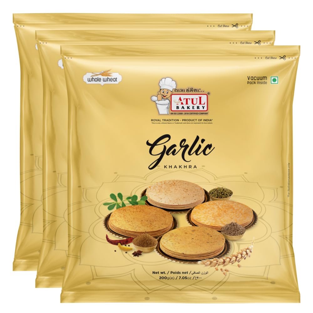 FreshCart Basics Atul Bakery Khakhra Various Flavours (200 Gram) - Crispy Delicious Bite - Traditional Gujarati Khakhra - Enjoy At Tea Time - Easy to Carry Anywhere (Pack of 3, Khakhra Garlic)