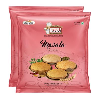 Atul Bakery Khakhra Various Flavours (200 Gram) - Crispy Delicious Bite - Traditional Gujarati Khakhra - Enjoy At Tea Time - Easy to Carry Anywhere (Pack of 2, Khakhra Masala)