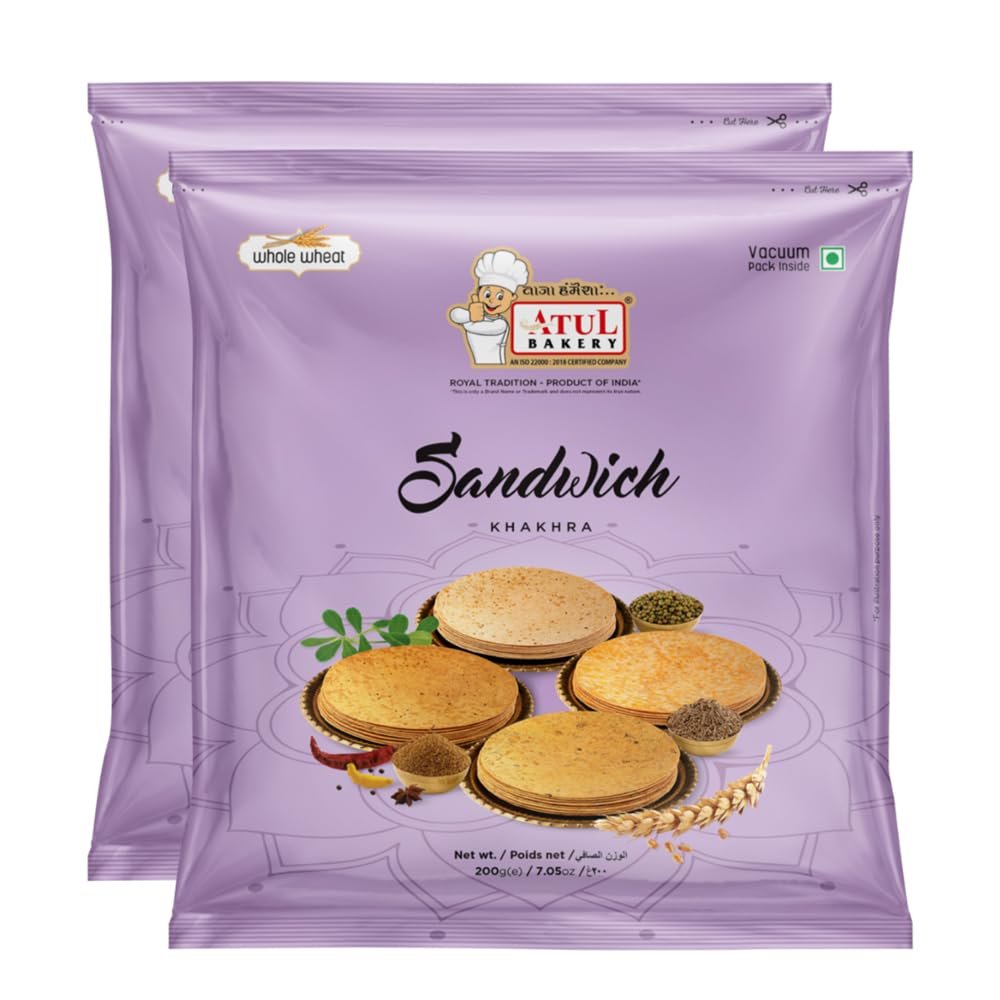 FreshCart Basics Atul Bakery Khakhra Various Flavours (200 Gram) - Crispy Delicious Bite - Traditional Gujarati Khakhra - Enjoy At Tea Time - Easy to Carry Anywhere (Pack of 2, Khakhra Sandwich)