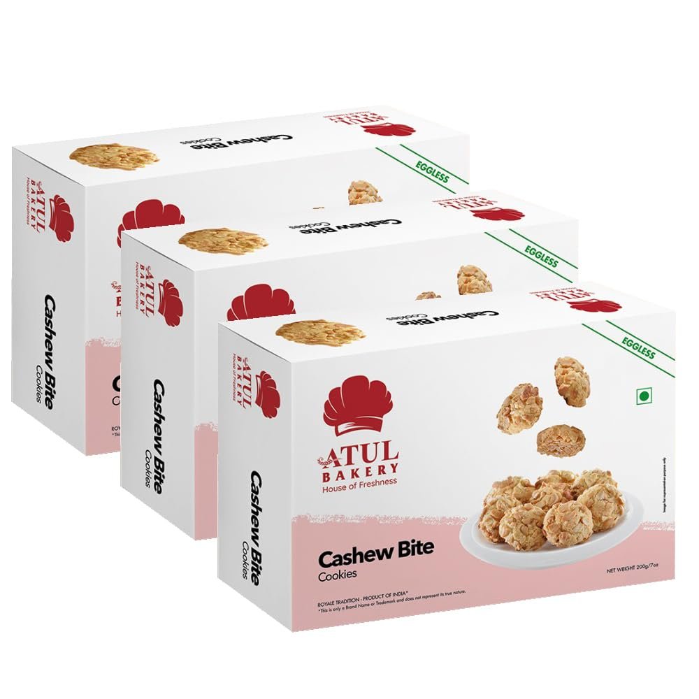 Atul Bakery Cookies (200 Gram) - Biscuits Flavored With Dried Fruits & Nuts For a Delicious Crunch - Delicious Homemade Treats (Pack of 3, Cookies Cashew Bite)
