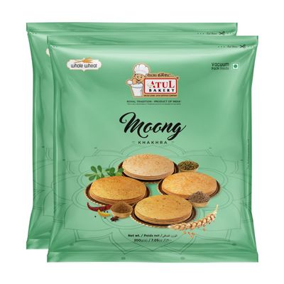 Atul Bakery Khakhra Various Flavours (200 Gram) - Crispy Delicious Bite - Traditional Gujarati Khakhra - Enjoy At Tea Time - Easy to Carry Anywhere (Pack of 2, Khakhra Moong)