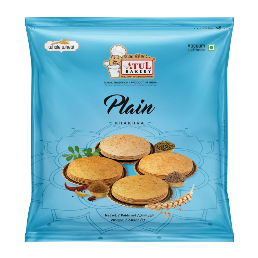 Atul Bakery Khakhra Various Flavours (200 Gram) - Crispy Delicious Bite - Traditional Gujarati Khakhra - Enjoy At Tea Time - Easy to Carry Anywhere (Pack of 1, Khakhra Plain)