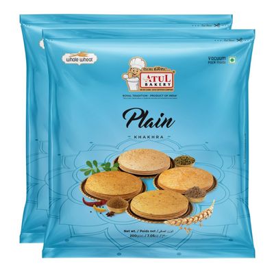 Atul Bakery Khakhra Various Flavours (200 Gram) - Crispy Delicious Bite - Traditional Gujarati Khakhra - Enjoy At Tea Time - Easy to Carry Anywhere (Pack of 2, Khakhra Plain)