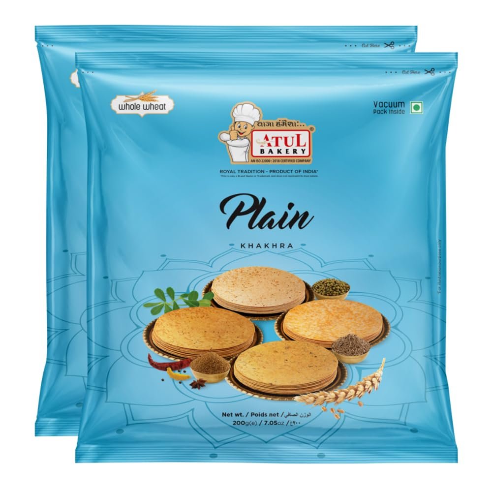 Atul Bakery Khakhra Various Flavours (200 Gram) - Crispy Delicious Bite - Traditional Gujarati Khakhra - Enjoy At Tea Time - Easy to Carry Anywhere (Pack of 2, Khakhra Plain)