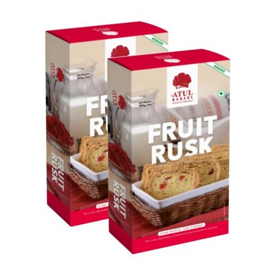 Atul Bakery Rusks (200 Gram) - Semi Hard Toast Rusk - Highly Nutritive Biscuits  Crispy & Crunchy Wheat Toasted Bread Cracker Rusk - Perfect Tea Time Companion Cookies (Pack of 2, Rusk Fruit)