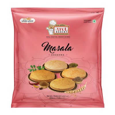 FreshCart Basics Atul Bakery Khakhra Various Flavours (200 Gram) - Crispy Delicious Bite - Traditional Gujarati Khakhra - Enjoy At Tea Time - Easy to Carry Anywhere (Pack of 1, Khakhra Masala)