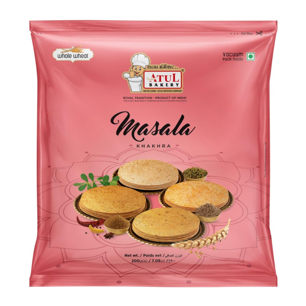 FreshCart Basics Atul Bakery Khakhra Various Flavours (200 Gram) - Crispy Delicious Bite - Traditional Gujarati Khakhra - Enjoy At Tea Time - Easy to Carry Anywhere (Pack of 1, Khakhra Masala)
