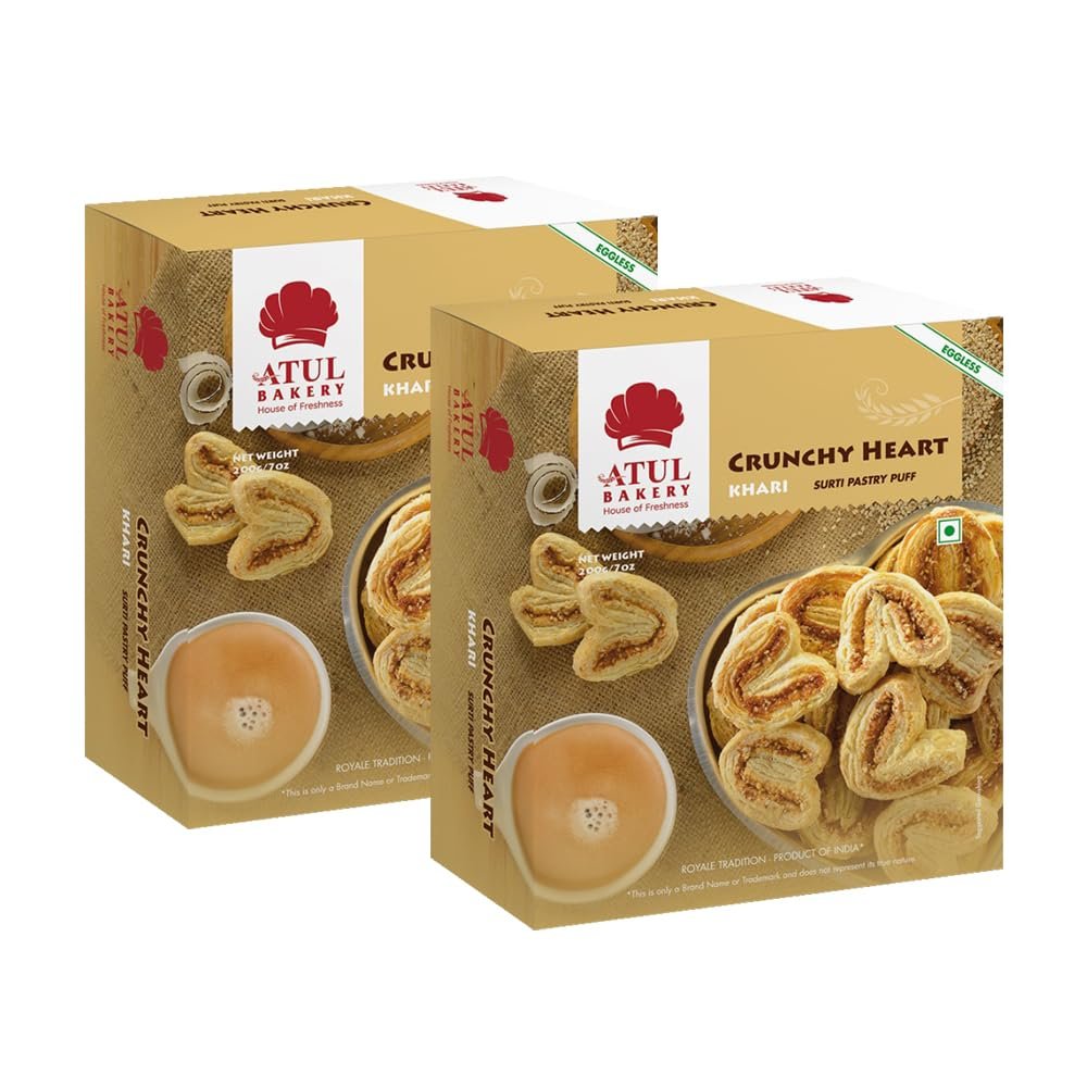 FreshCart Basics Atul Bakery Crunchy Heart Khari Biscuits (200 Gram) - Heart Shaped - Crisp and Delicious - Highly Nutritive - No Added Preservatives - Tasty and Healthy (Pack of 2)