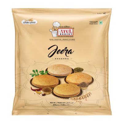 Atul Bakery Khakhra Various Flavours (200 Gram) - Crispy Delicious Bite - Traditional Gujarati Khakhra - Enjoy At Tea Time - Easy to Carry Anywhere (Pack of 1, Khakhra Jeera)