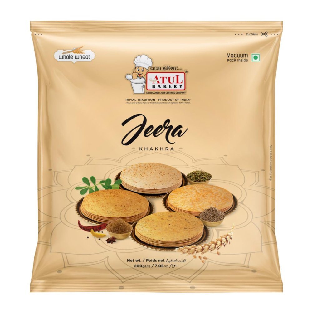 Atul Bakery Khakhra Various Flavours (200 Gram) - Crispy Delicious Bite - Traditional Gujarati Khakhra - Enjoy At Tea Time - Easy to Carry Anywhere (Pack of 1, Khakhra Jeera)