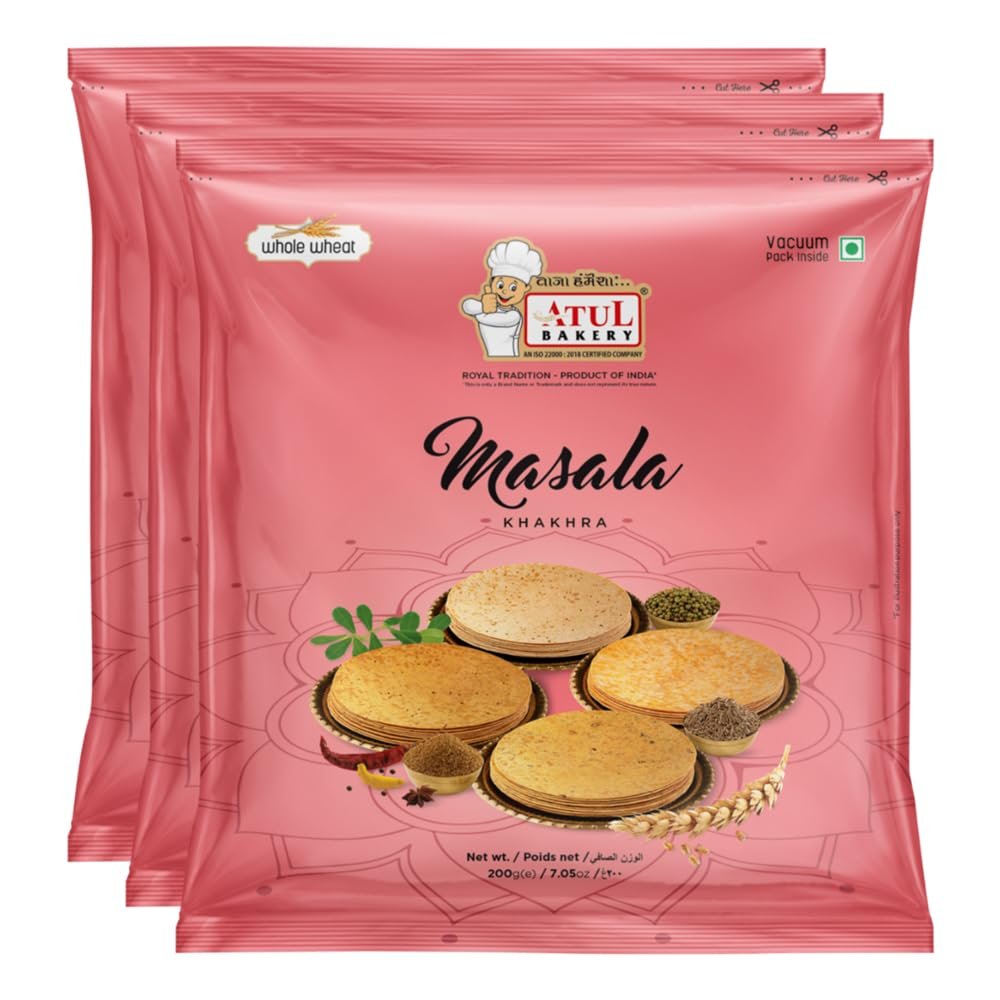FreshCart Basics Atul Bakery Khakhra Various Flavours (200 Gram) - Crispy Delicious Bite - Traditional Gujarati Khakhra - Enjoy At Tea Time - Easy to Carry Anywhere (Pack of 3, Khakhra Masala)