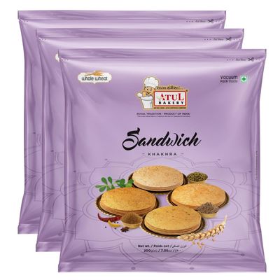Atul Bakery Khakhra Various Flavours (200 Gram) - Crispy Delicious Bite - Traditional Gujarati Khakhra - Enjoy At Tea Time - Easy to Carry Anywhere (Pack of 3, Khakhra Sandwich)