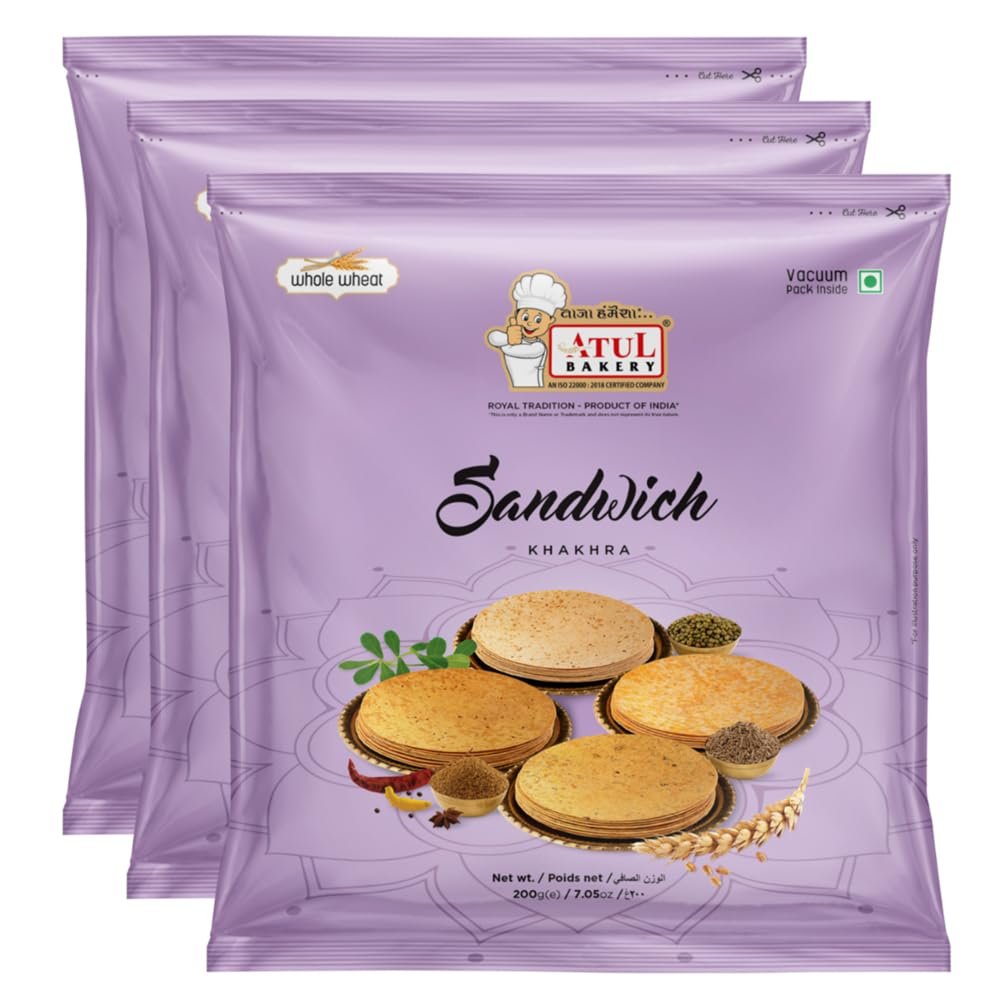 Atul Bakery Khakhra Various Flavours (200 Gram) - Crispy Delicious Bite - Traditional Gujarati Khakhra - Enjoy At Tea Time - Easy to Carry Anywhere (Pack of 3, Khakhra Sandwich)