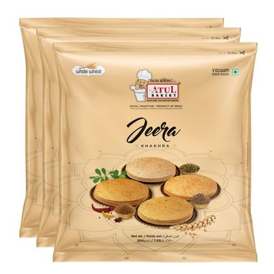 Atul Bakery Khakhra Various Flavours (200 Gram) - Crispy Delicious Bite - Traditional Gujarati Khakhra - Enjoy At Tea Time - Easy to Carry Anywhere (Pack of 3, Khakhra Jeera)