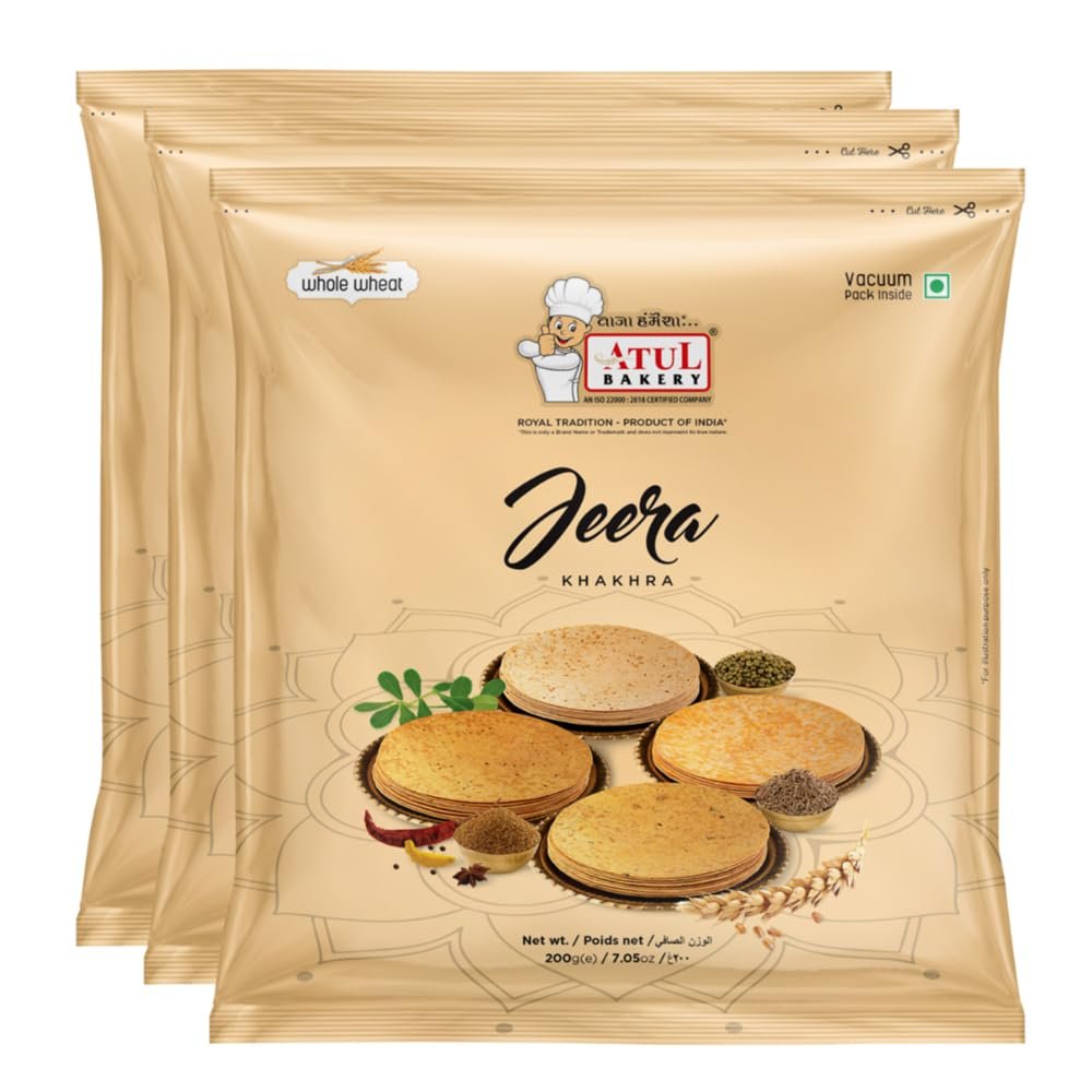 Atul Bakery Khakhra Various Flavours (200 Gram) - Crispy Delicious Bite - Traditional Gujarati Khakhra - Enjoy At Tea Time - Easy to Carry Anywhere (Pack of 3, Khakhra Jeera)