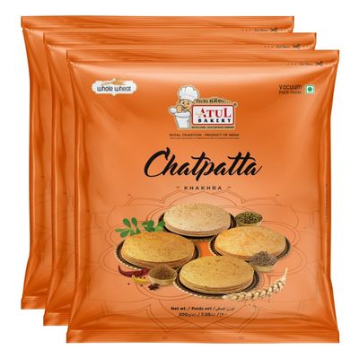 Atul Bakery Khakhra Various Flavours (200 Gram) - Crispy Delicious Bite - Traditional Gujarati Khakhra - Enjoy At Tea Time - Easy to Carry Anywhere (Pack of 3, Khakhra Chatpata)