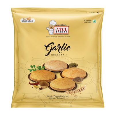 Atul Bakery Khakhra Various Flavours (200 Gram) - Crispy Delicious Bite - Traditional Gujarati Khakhra - Enjoy At Tea Time - Easy to Carry Anywhere (Pack of 1, Khakhra Garlic)
