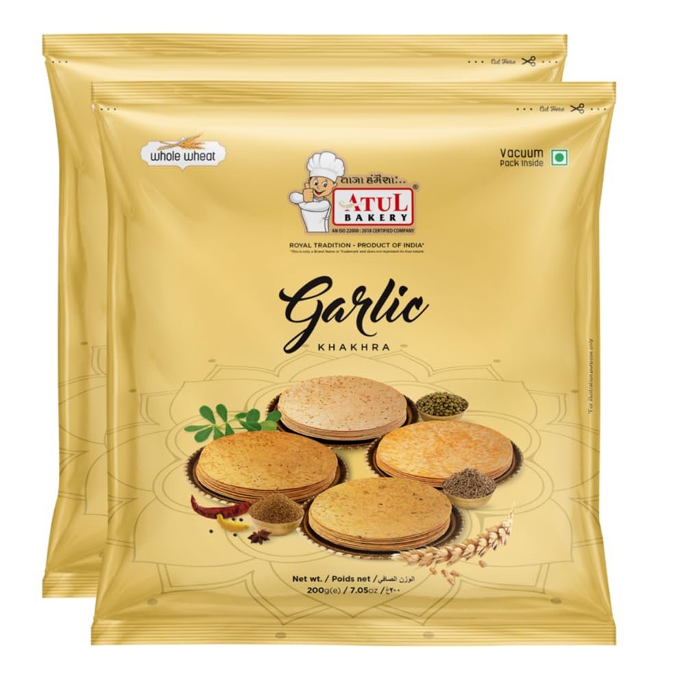 FreshCart Basics Atul Bakery Khakhra Various Flavours (200 Gram) - Crispy Delicious Bite - Traditional Gujarati Khakhra - Enjoy At Tea Time - Easy to Carry Anywhere (Pack of 2, Khakhra Garlic)