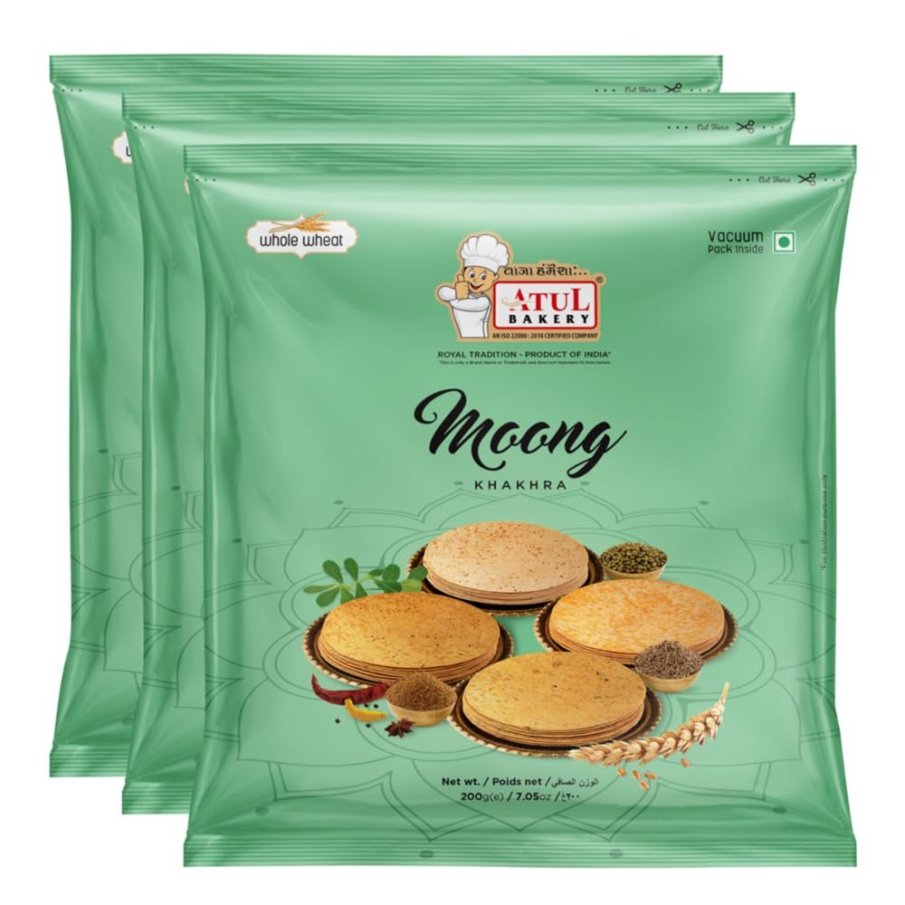 Atul Bakery Khakhra Various Flavours (200 Gram) - Crispy Delicious Bite - Traditional Gujarati Khakhra - Enjoy At Tea Time - Easy to Carry Anywhere (Pack of 3, Khakhra Moong)
