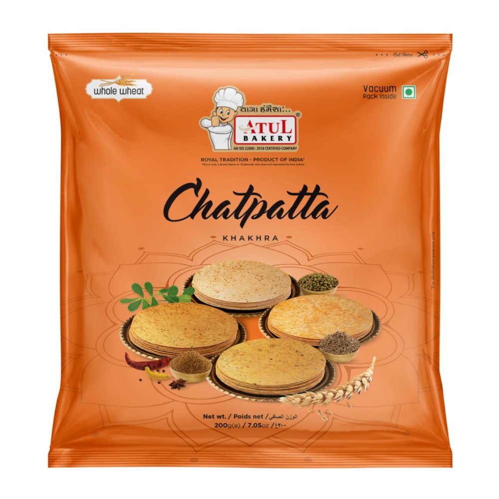 FreshCart Basics Atul Bakery Khakhra Various Flavours (200 Gram) - Crispy Delicious Bite - Traditional Gujarati Khakhra - Enjoy At Tea Time - Easy to Carry Anywhere (Pack of 1, Khakhra Chatpata)