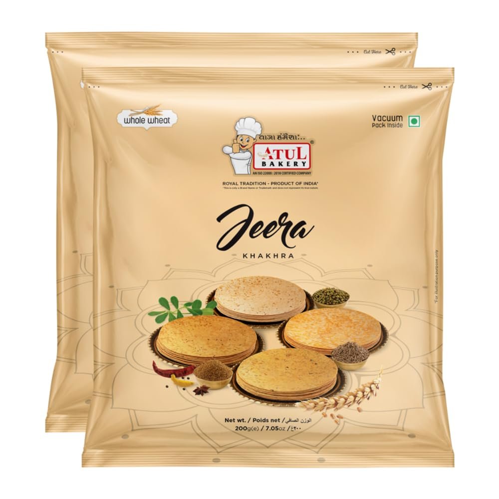 Atul Bakery Khakhra Various Flavours (200 Gram) - Crispy Delicious Bite - Traditional Gujarati Khakhra - Enjoy At Tea Time - Easy to Carry Anywhere (Pack of 2, Khakhra Jeera)