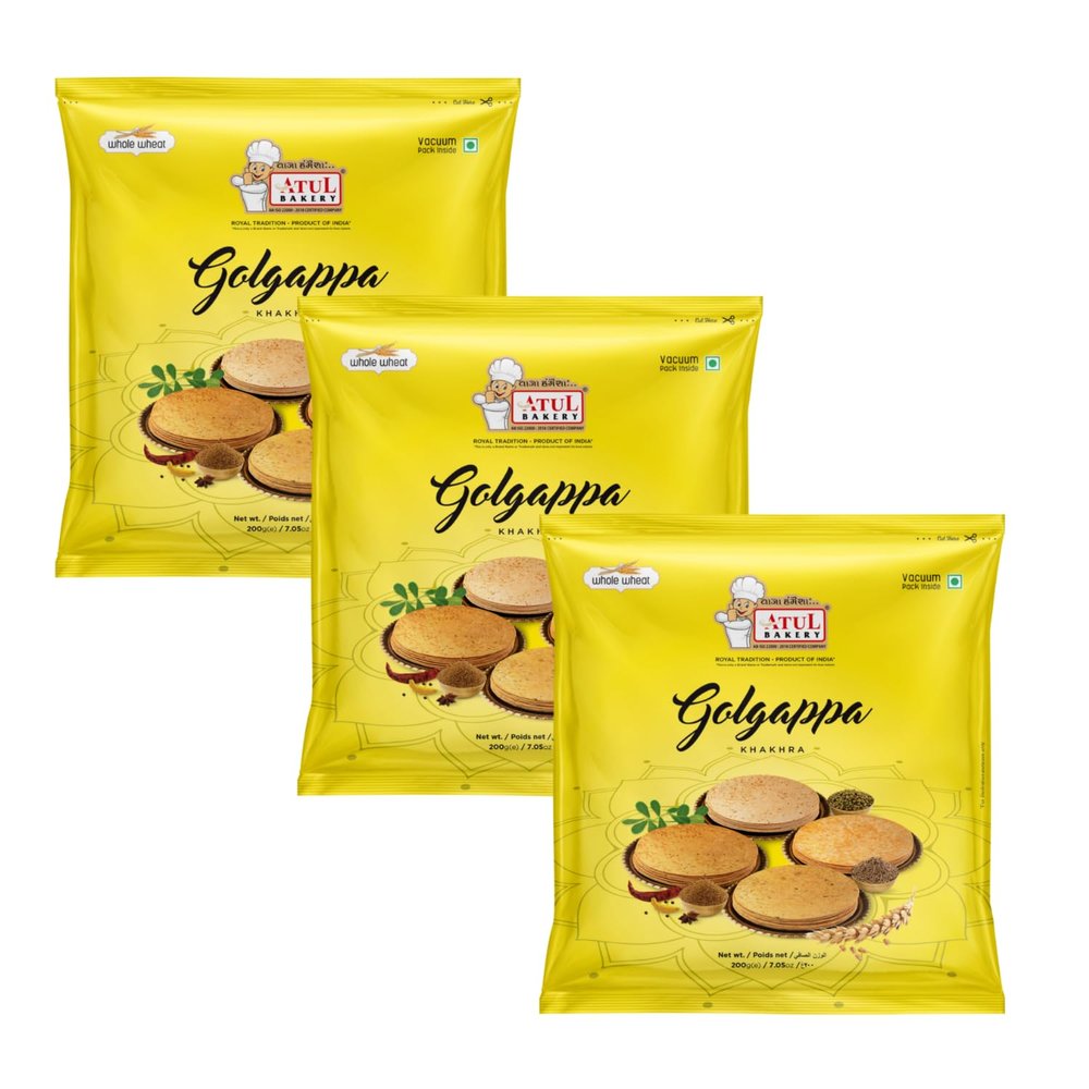 Atul Bakery Khakhra Various Flavours (200 Gram) - Crispy Delicious Bite - Traditional Gujarati Khakhra - Enjoy At Tea Time - Easy to Carry Anywhere (Pack of 3, Khakhra Golgappa)