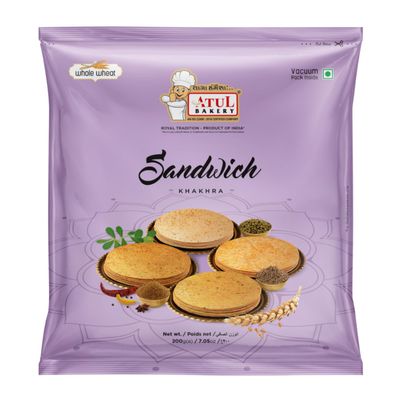 Atul Bakery Khakhra Various Flavours (200 Gram) - Crispy Delicious Bite - Traditional Gujarati Khakhra - Enjoy At Tea Time - Easy to Carry Anywhere (Pack of 1, Khakhra Sandwich)