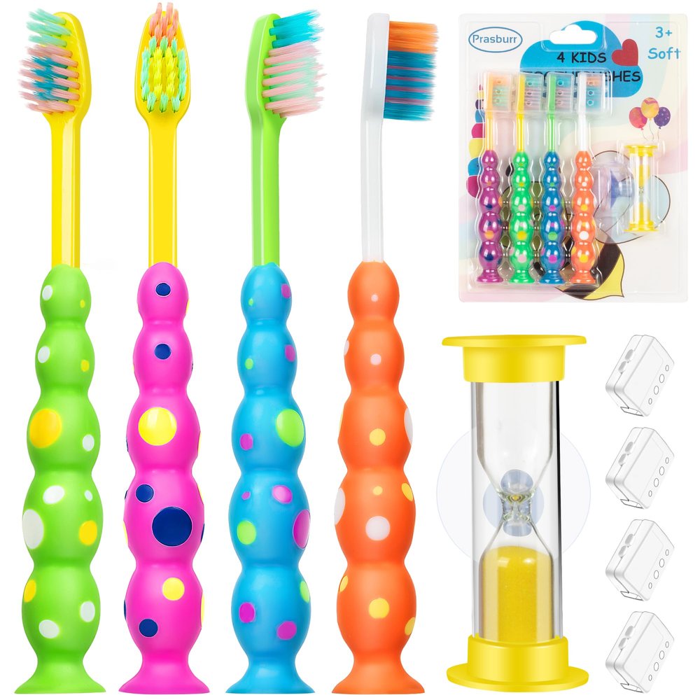 PRASBURR Soft Kids Toothbrushes with Suction Timer and Flossing Bristles, Children Sized Brush Heads (3-10 Year Old), Suction Cup for Fun & Easy Storage, Toddler Toothbrush Girl & Boy Set, Pack of 4