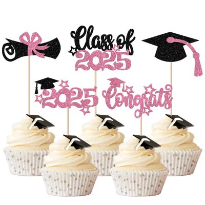 Rsstarxi 30 Pack Grad Cupcake Toppers Congrats Grad Cap Diploma Cupcake Picks Class of 2024 Cake Decorations for Graduation Decorations Class of 2024 Party Cake Decorations Pink