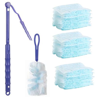 30 Pcs Fluffy Duster, Disposable Electrostatic Duster With 2 Handles and 1 Telescopic Pole, Blue Fluffy Dusters Refills, Disposable Cleaning Dusters Kit, Hand Duster Refill For Daily Cleaning