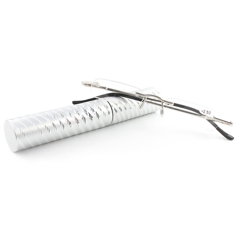 ABETOS Slim Rimless Reading Glasses for Men Women Silver Ultra Thin Mini Eyewear Frameless Pocket Readers with Portable Metal Pen Case for Travelling+1.5