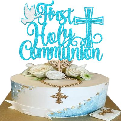 1 Pack First Holy Communion Cake Topper Glitter Peace Pigeon Cross Religious Cake Picks God Bless Baptism Cake Decorations for Baptism Theme Baby Shower 1st Birthday Party Decoration Supplies Blue
