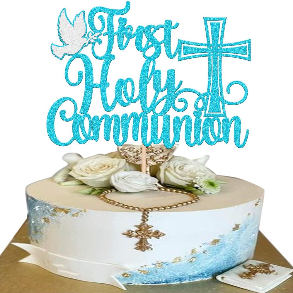 1 Pack First Holy Communion Cake Topper Glitter Peace Pigeon Cross Religious Cake Picks God Bless Baptism Cake Decorations for Baptism Theme Baby Shower 1st Birthday Party Decoration Supplies Blue