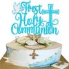 1 Pack First Holy Communion Cake Topper Glitter Peace Pigeon Cross Religious Cake Picks God Bless Baptism Cake Decorations for Baptism Theme Baby Shower 1st Birthday Party Decoration Supplies Blue view 1