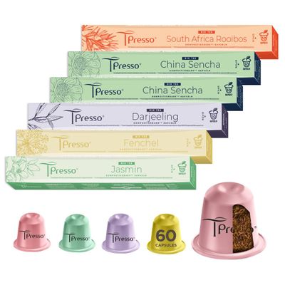 Tpresso Premium Organic Tea Connoisseur Set, 60 Tea Capsules Compatible with Nespresso Capsule Machines, Industrially Compostable, Fennel, Earl Grey, Jasmine, Rooibos, English Breakfast