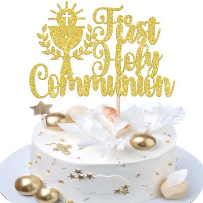 Rsstarxi 1 Pack First Holy Communion Cake Topper First Communion Cake Decorations Religious Cross Cake Pick for Christian Baptism Baby Shower 1st Communion Party Decorations Gold