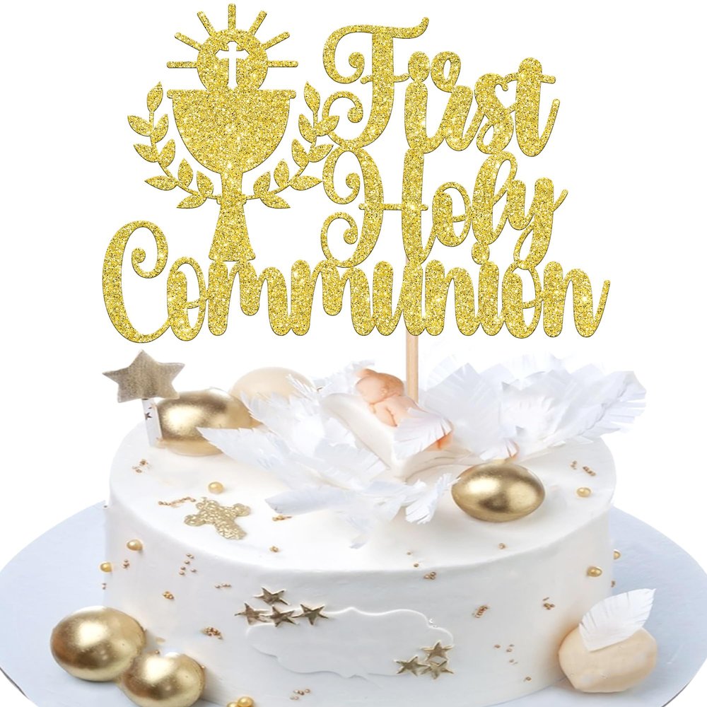 Rsstarxi 1 Pack First Holy Communion Cake Topper First Communion Cake Decorations Religious Cross Cake Pick for Christian Baptism Baby Shower 1st Communion Party Decorations Gold