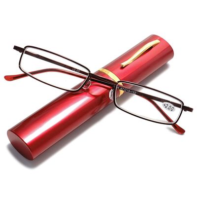 ABETOS Slim Pen Reading Glasses Blue Light Blocking Metal Readers In Tube Case Superlight Spring Hinge Pocket Portable Eyewear Thin Travel Eyeglasses 1.0+ 1.5+ 2.0+ 2.5+ 3.0+, Red+3.0