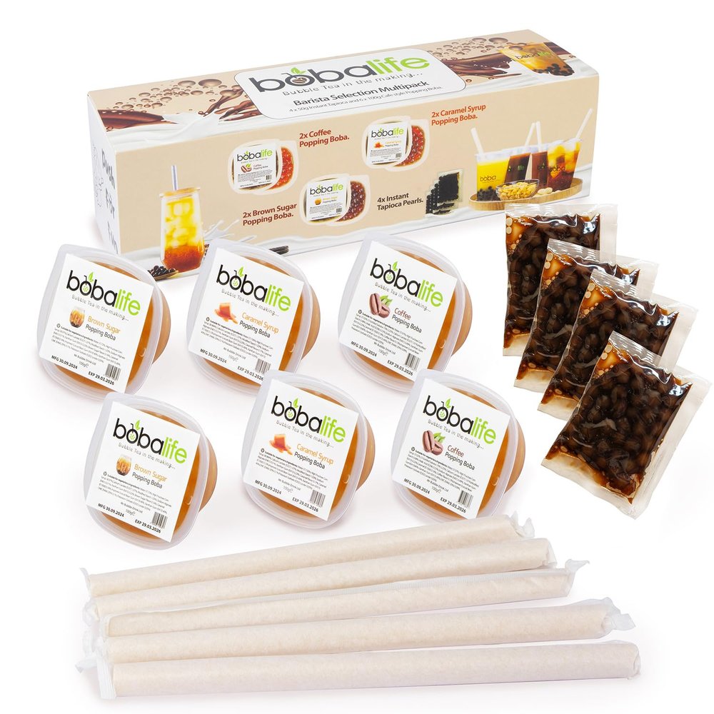 Bobalife Bubble Tea Making Kit - Gluten Free Barista Popping Boba & Tapioca Pearl Set - 6 Flavored Bursting Bubbles & 4 Instant Pearls - Bubble Tea Kit with Bamboo Straws - Vegan Gift Set
