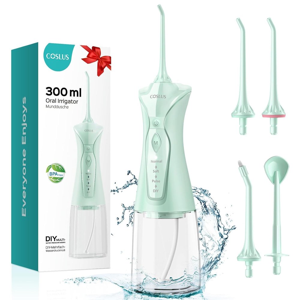 COSLUS Water Teeth Flosser Picks: 4 Modes Cordless Irrigator 300ML Portable Electric Flossing Machinerie for Teeth Cleaning Rechargeable Waterproof Tooth Pick Set Cleaner for Travel Home C30(FC5360)